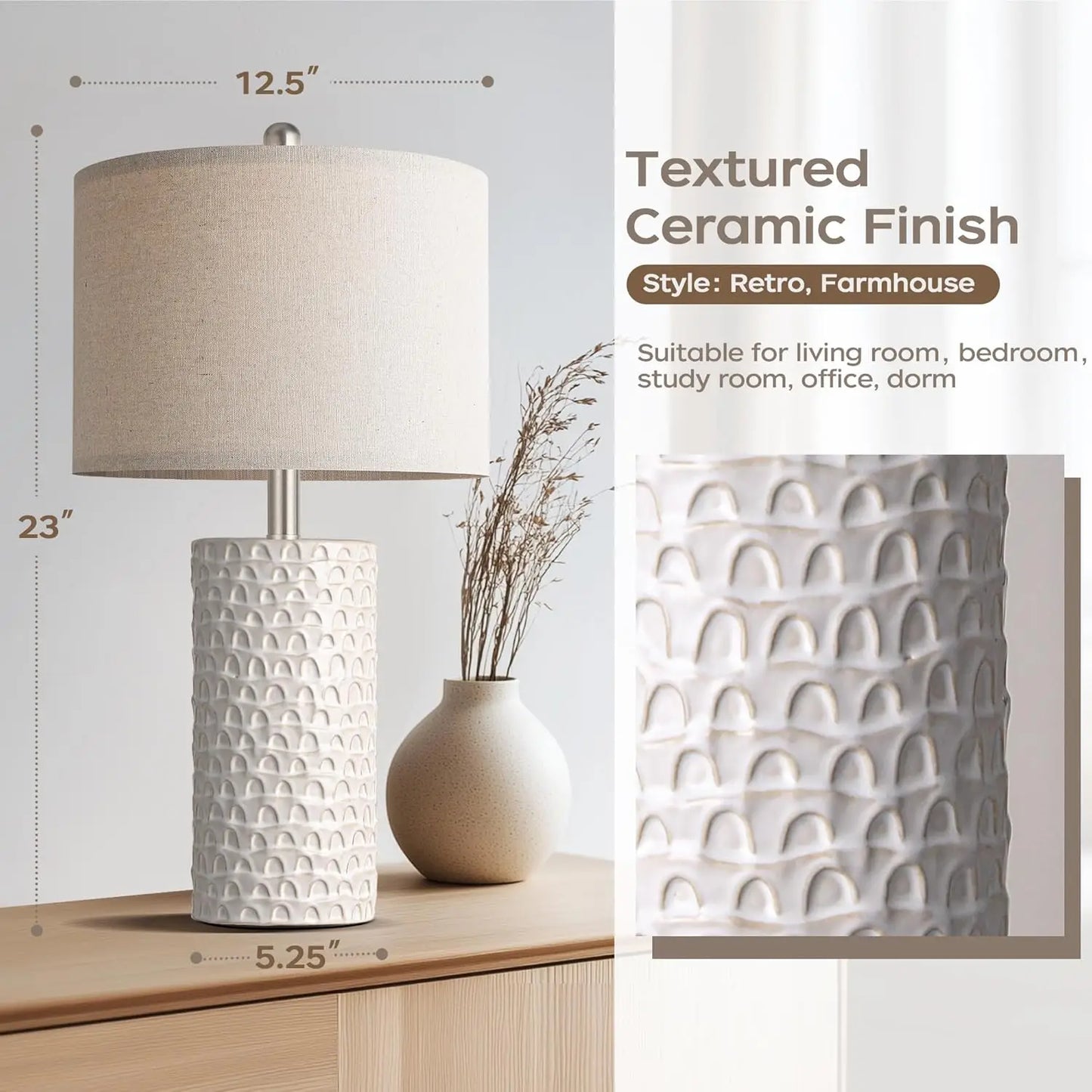 Modern Ceramic Table Lamp Set of 2, Rustic Farmhouse Bedside Lamps for Living Room and Bedroom Decor in White Beige