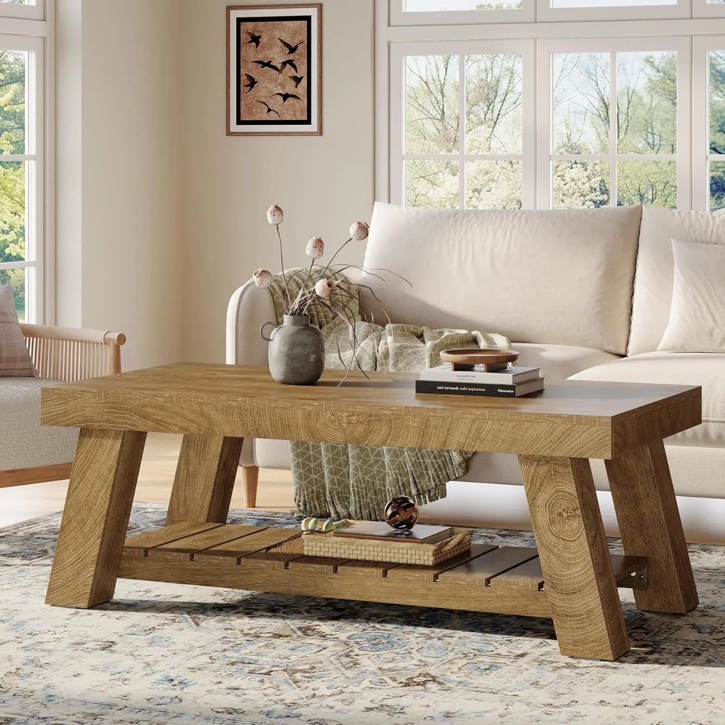 47.24" Rectangular Coffee Table, Farmhouse Wood Center Tables for Living Room, 2-Tier Rustic Accent Table with, Customized