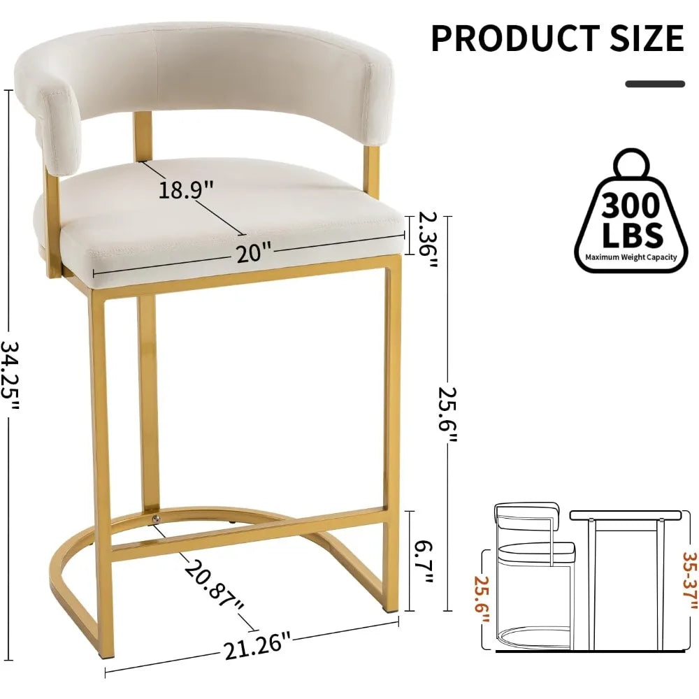25.6" Seat Height Bar Stools (2-Piece) – Modern Beige Velvet, Barrel Backrest with Gold Metal Footrest