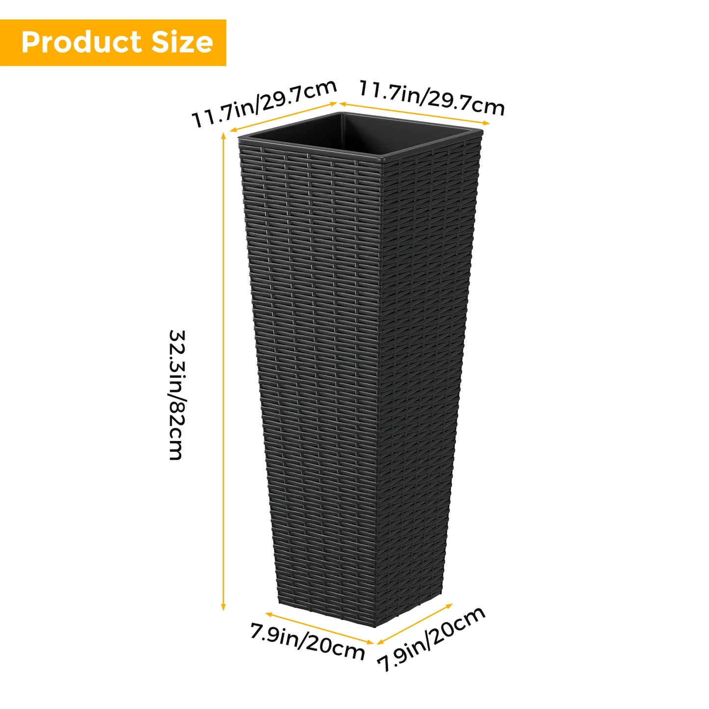 2PCS 32 Inch Tall Planter Resin Rattan Texture Modern Rectangular Tall Plant Pot with Removable Inner Pots Drainage Holes