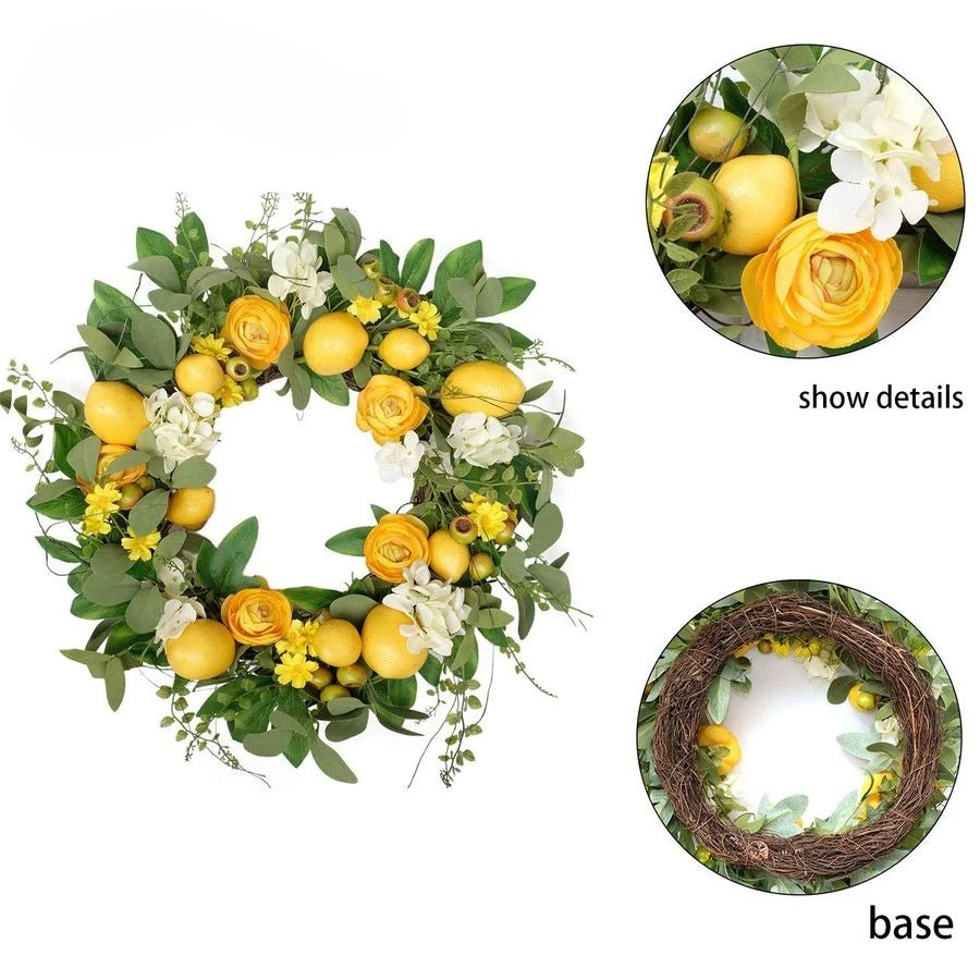 20 inch Artificial Lemon Wreath for Front Door Yellow Peony White Hydrangea Green Leaves Wreath with Big Berries Grapevine Sprin