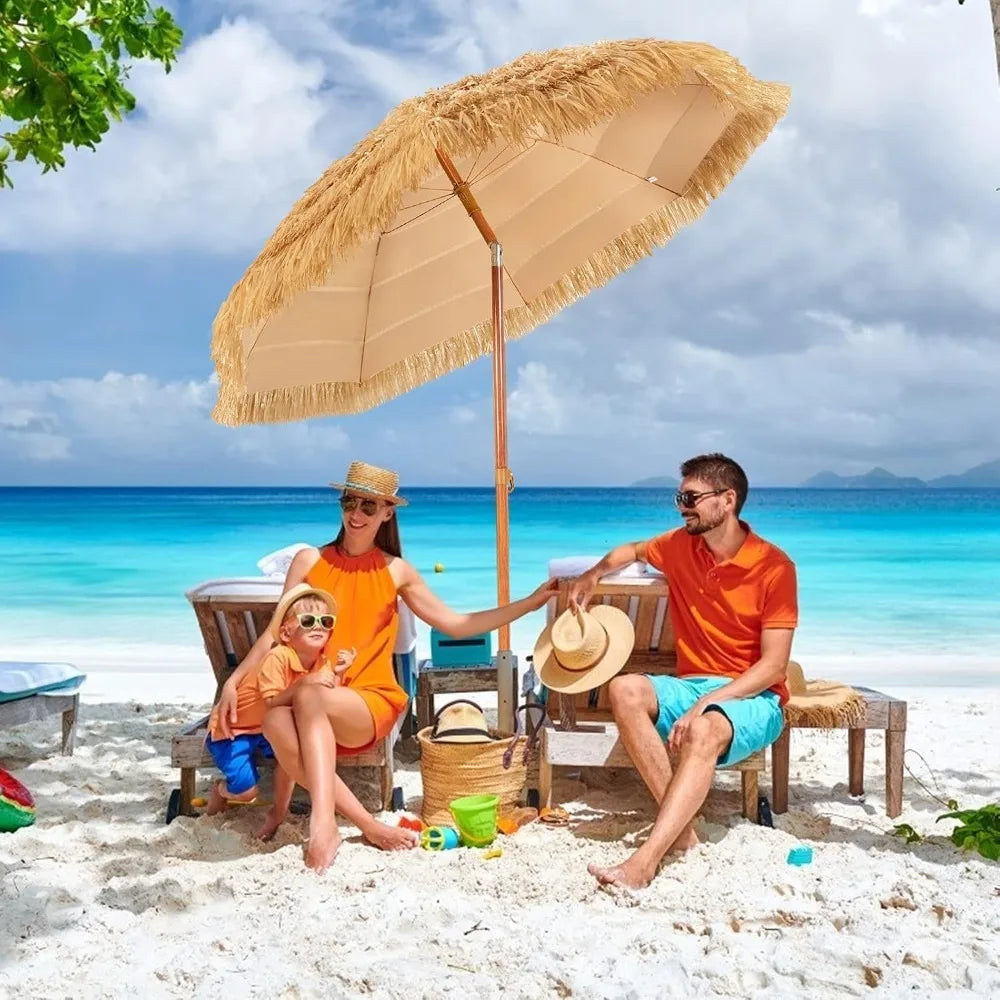 6.5Ft Hawaiian Tiki Patio Umbrella with Tilt, PE Grass Thatch Design for Beach, Garden, Poolside