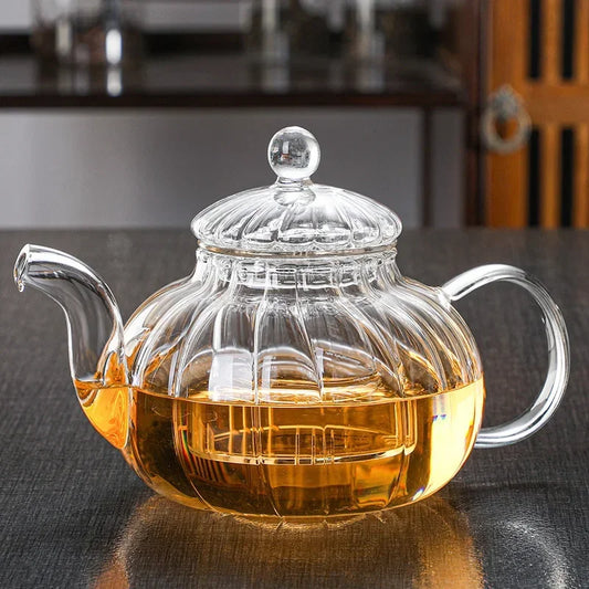 Heat-Resistant Transparent Glass Scented Teapot Complete Set, Kungfu Tea Filter, Creative Striped Pumpkin Pot, Glass Boil Water
