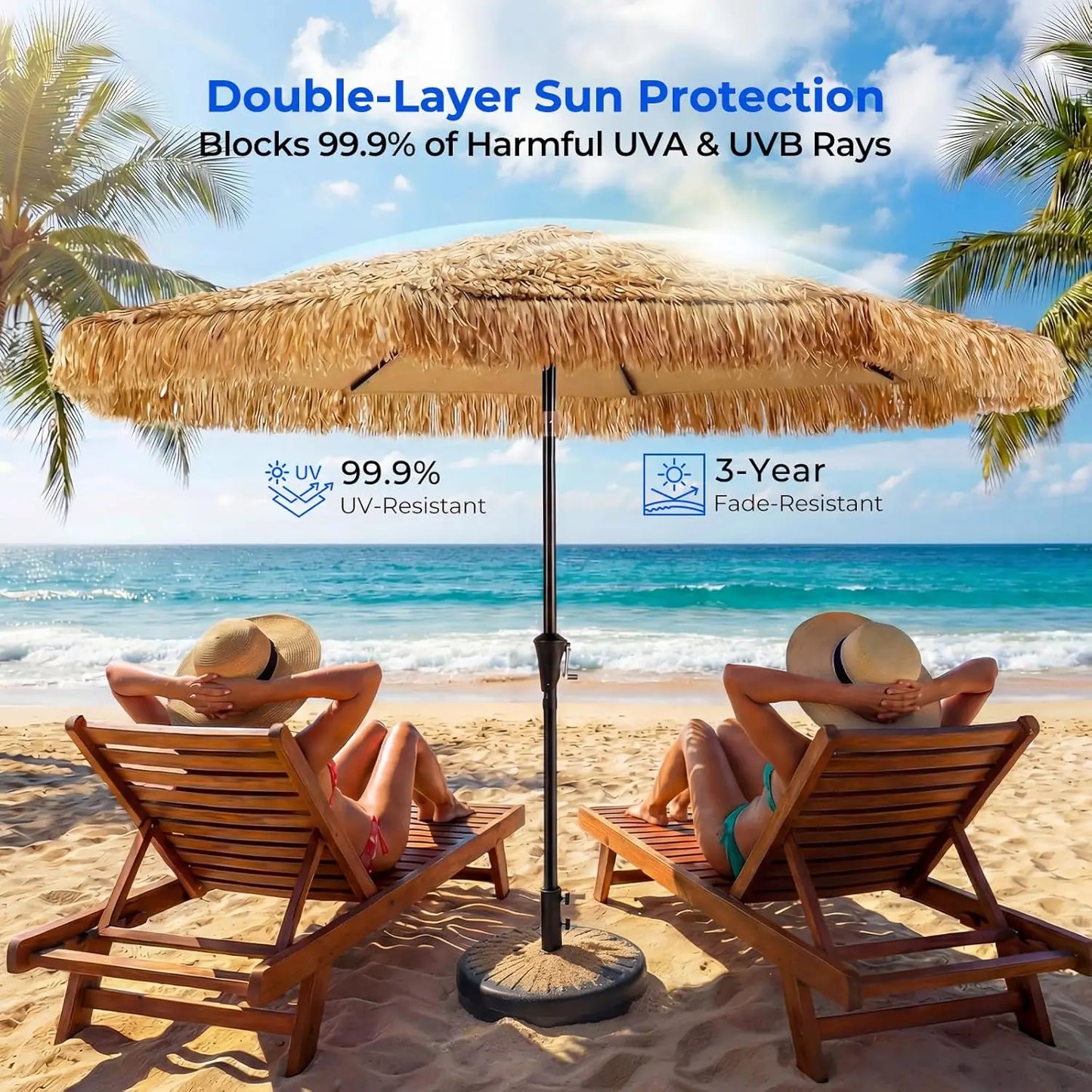 9ft Hawaiian Tiki Umbrella with Crank & Tilt, UPF 50+ Nylon Thatch, Steel Ribs for Outdoor Patio Beach Pool Backyard Garden