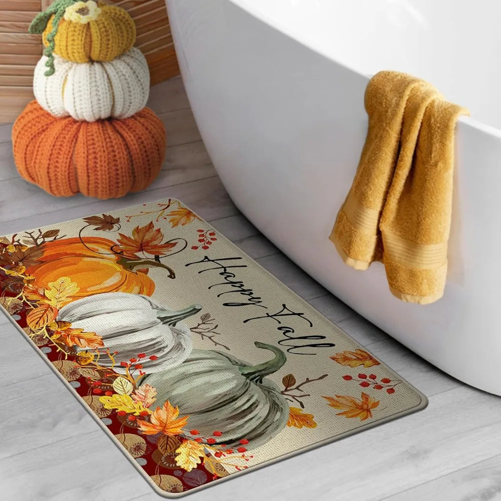 happy fall pumpkin decorative front door mat, autumn maple leaves welcome doormat indoor outdoor non-slip floor entryway rug, th