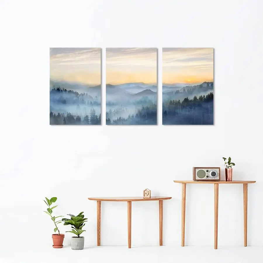 Decor for Bedroom 3 Panel Sunrise Misty Forest Print Picture Paintings Wall Art for Living Room Bathroom Framed Canvas Artwork M