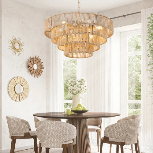 24" Rustic 5-Tier Black Hemp Rope Pendant Light Chandelier with 8 E12 Sockets, Boho Farmhouse Ceiling Fixture,Dining,Kitchen