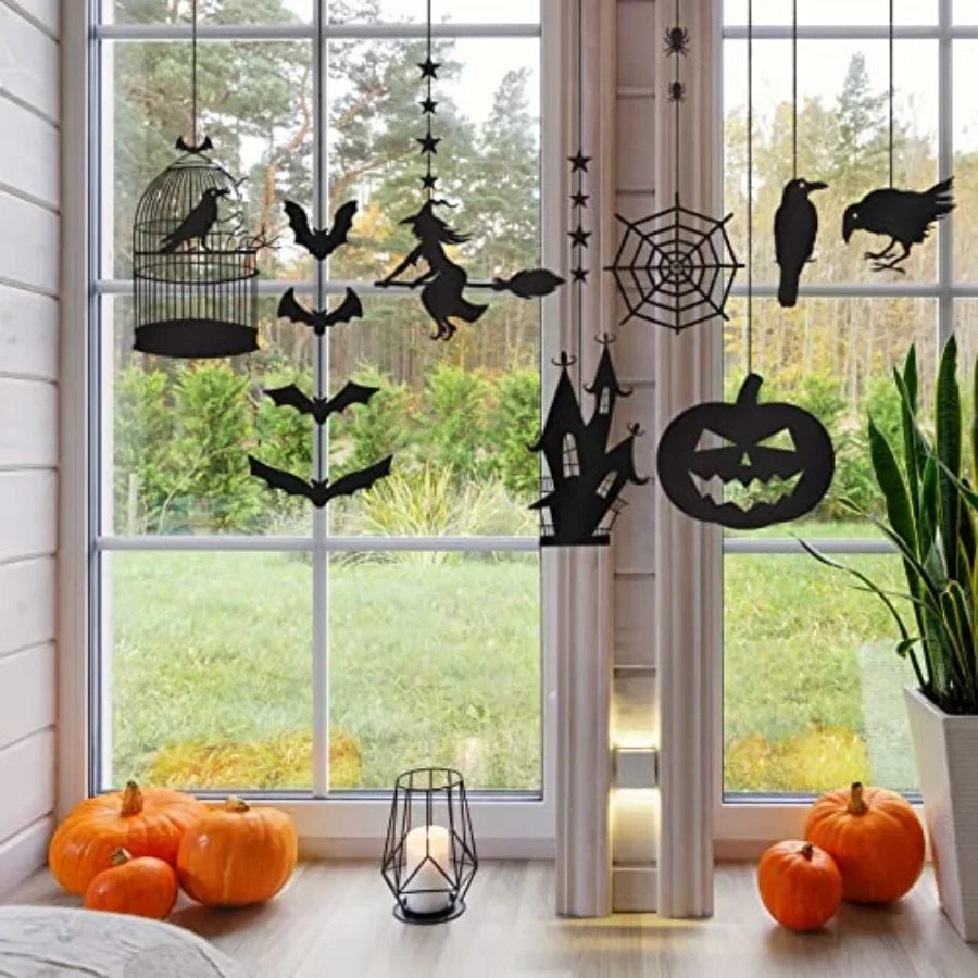 Halloween Witch Party Decorations Black Halloween Hanging Banner Garland Decorations Crow Cage Pumpkin Bats Haunted House Raven