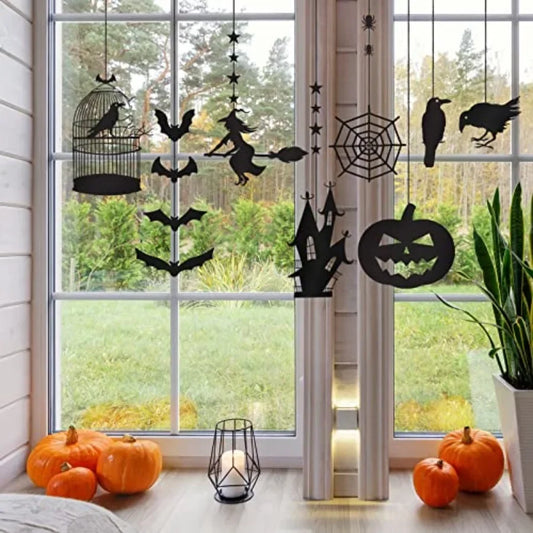 Halloween Witch Party Decorations Black Halloween Hanging Banner Garland Decorations Crow Cage Pumpkin Bats Haunted House Raven