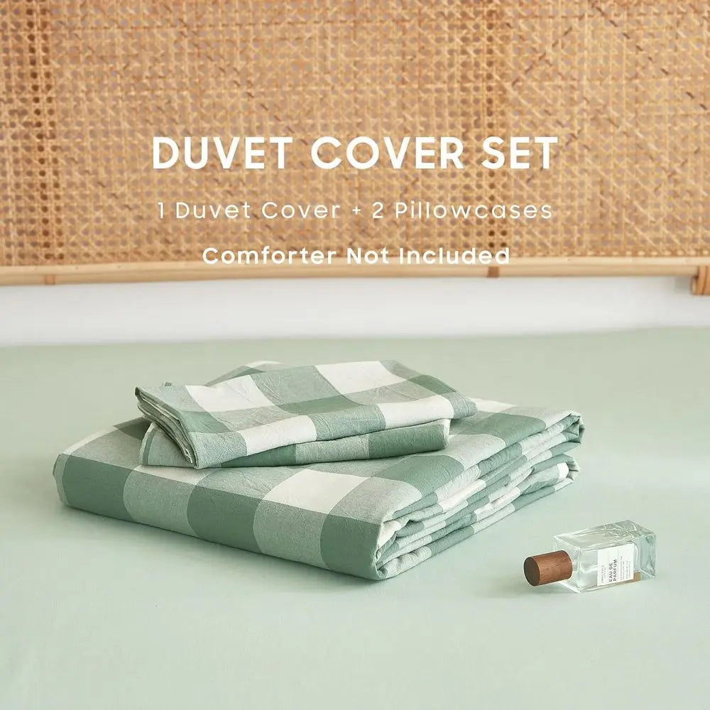 - Gingham Cotton Duvet Cover Set, Plaid BuCheck Checkered armhouse, 100% Washed Cotton Textured Percale Bedding Set, 3 Pieces, G