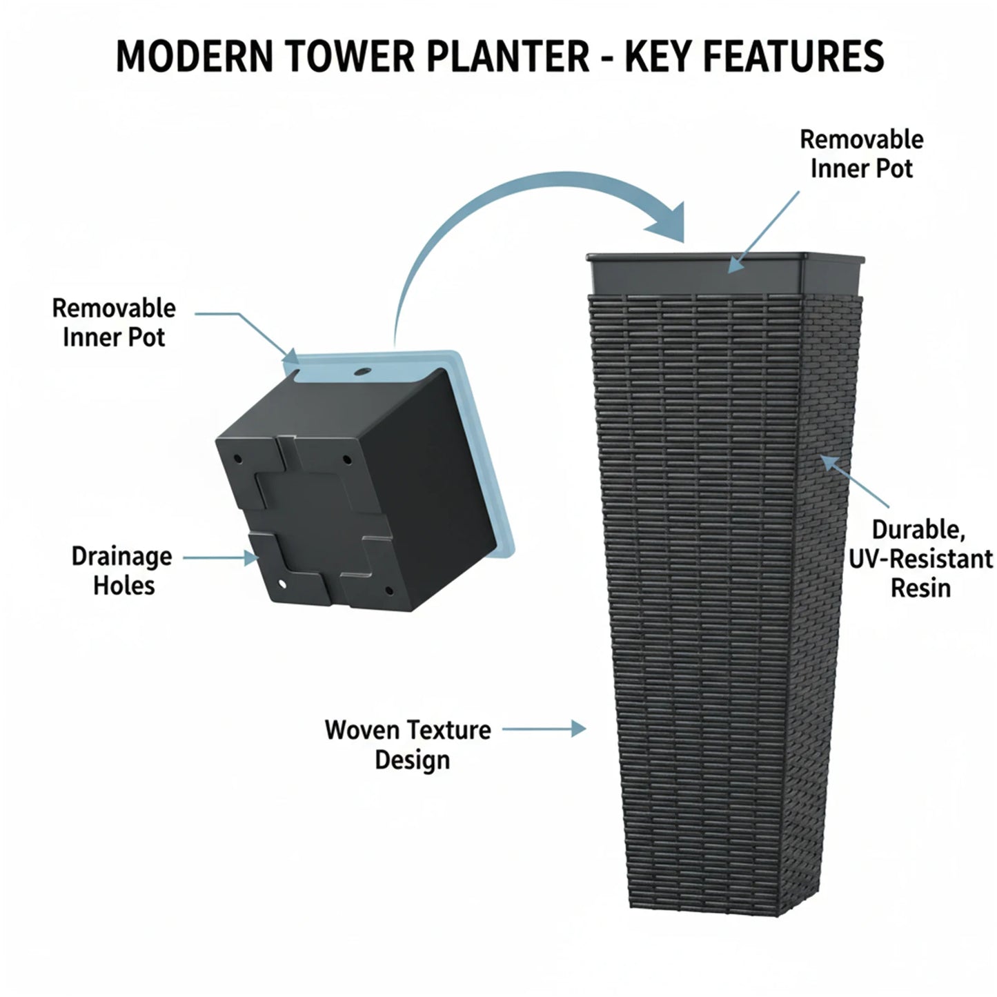 2PCS 32 Inch Tall Planter Resin Rattan Texture Modern Rectangular Tall Plant Pot with Removable Inner Pots Drainage Holes