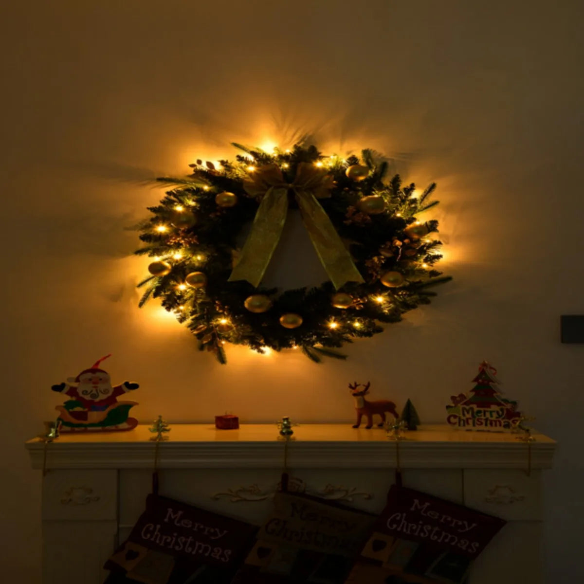 24in Christmas Wreath with Remote Lighted Artificial Xmas Wreath Warm Lights Ornaments for Front Door Gate Wall Xmas Party Decor