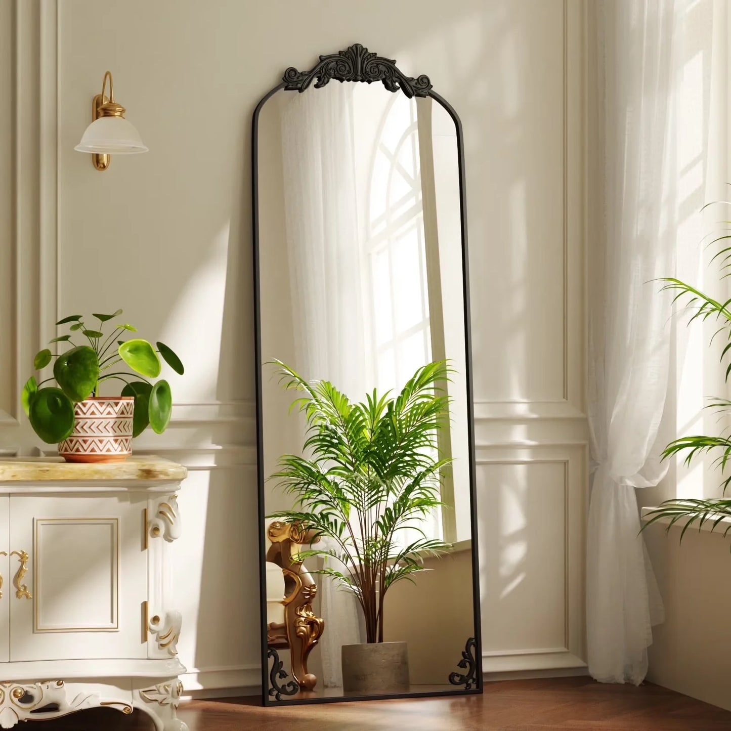 BEAUTYPEAK Full Length Mirror with Baroque Flower Head Design Wall-Mounted Mirror