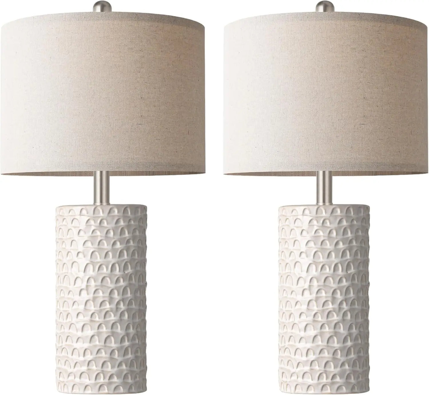 Modern Ceramic Table Lamp Set of 2, Rustic Farmhouse Bedside Lamps for Living Room and Bedroom Decor in White Beige