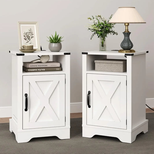 Farmhouse Nightstand, White End Table with Charging Station, Tall Bedside Table with Large Storage Room and Shelf, Wooden Rusti