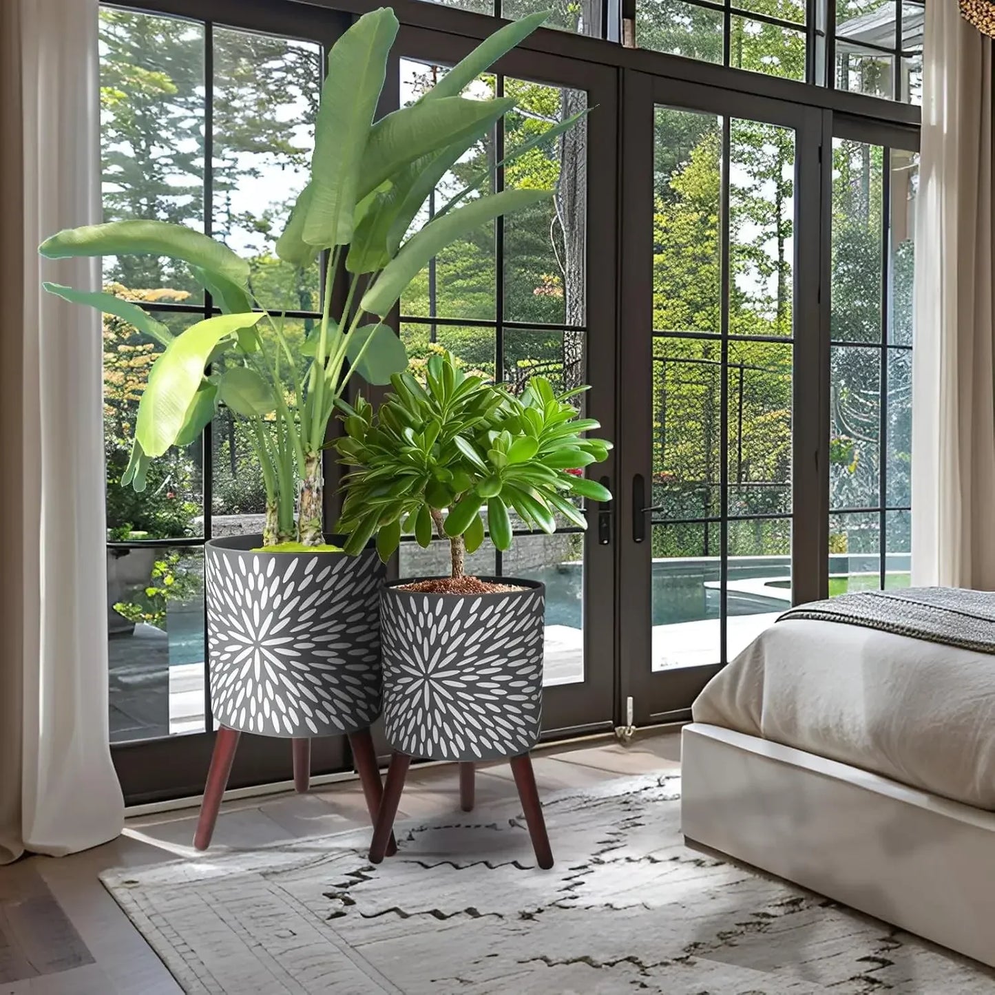 Bestseller[Hot Deal!]10 & 12 Inches Plant Pot with Stand Set of 2, Large Matte Gray Modern Planters for Indoor Outdoor Plants wi