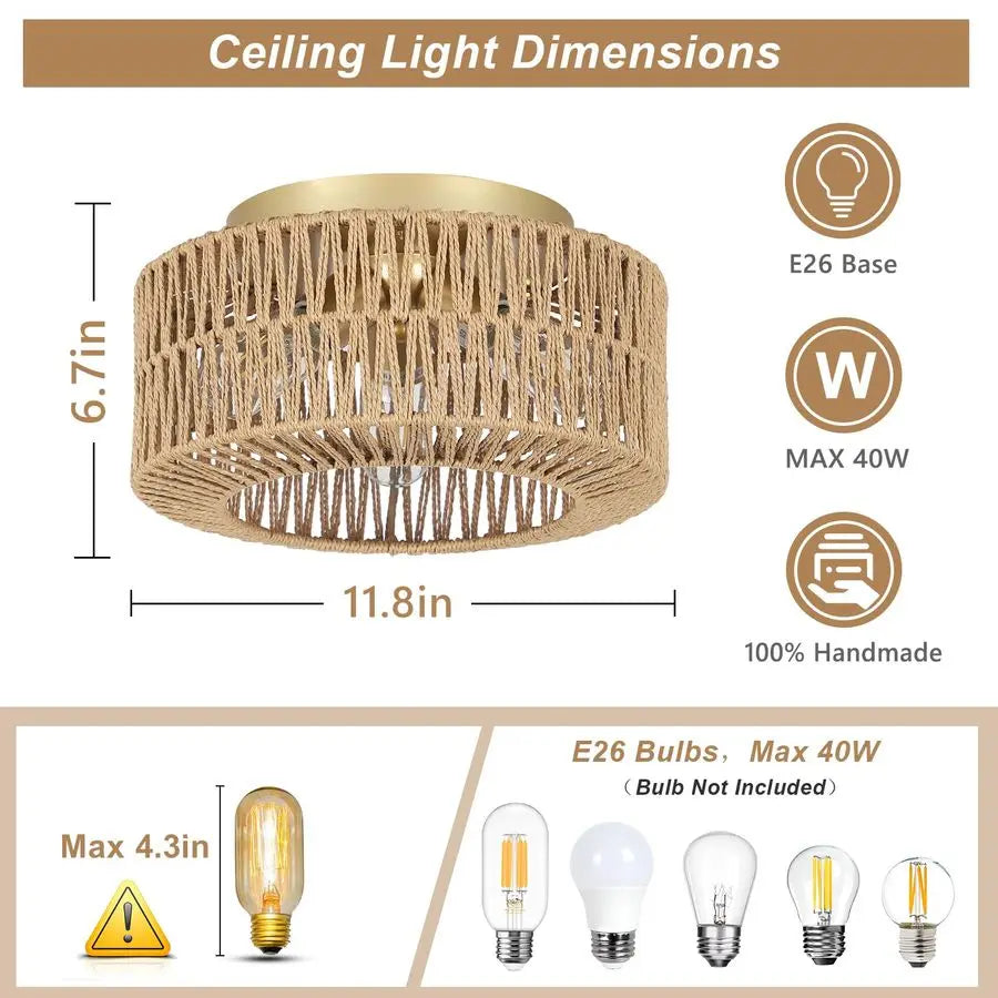 Light Fixtures, 3Light Farmhouse Rattan Ceiling Light, Flush Mount with HandWoven Shade, Modern Chandelier for Living, Bedroom,