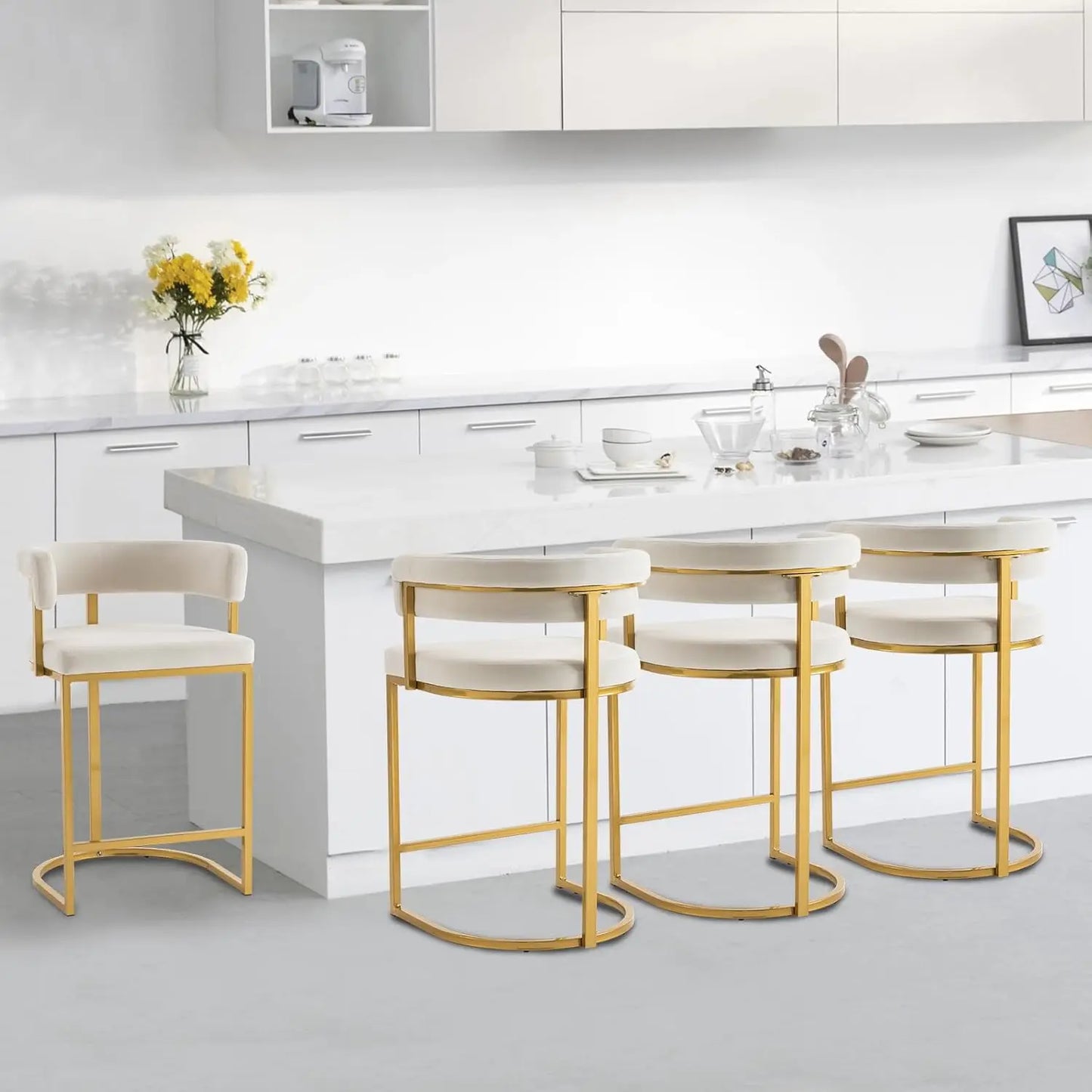 25.6" Seat Height Bar Stools (2-Piece) – Modern Beige Velvet, Barrel Backrest with Gold Metal Footrest