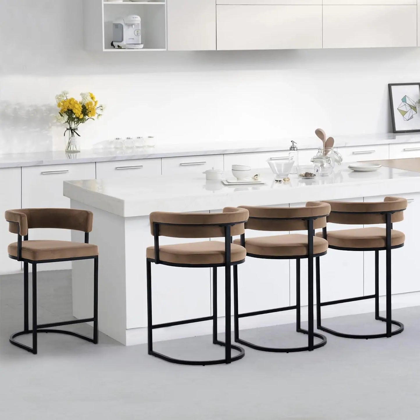 25.6" Seat Height Bar Stools (2-Piece) – Modern Beige Velvet, Barrel Backrest with Gold Metal Footrest