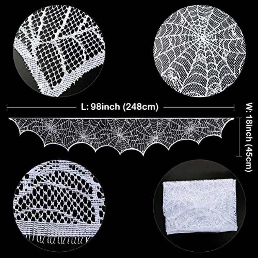 Halloween Fireplace Mantel Scarf, Halloween Decorations White Lace Spiderweb Fireplace Cover Festive Party Supplies, 18 x 98 in