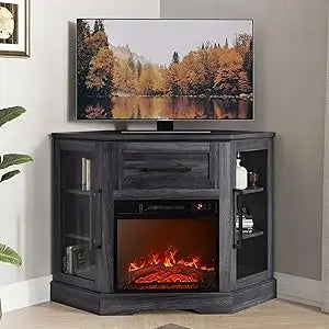 43" Corner TV Stand with 18" Electric Fireplace Heater for TVs up to 43", Modern Corner Wood Entertainment Center with Glass Do