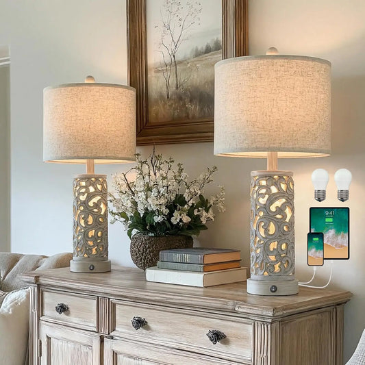 Set of 2 Farmhouse Table Lamps with USB Ports & Night Light, Vintage Style for Bedroom Living Room Home Office