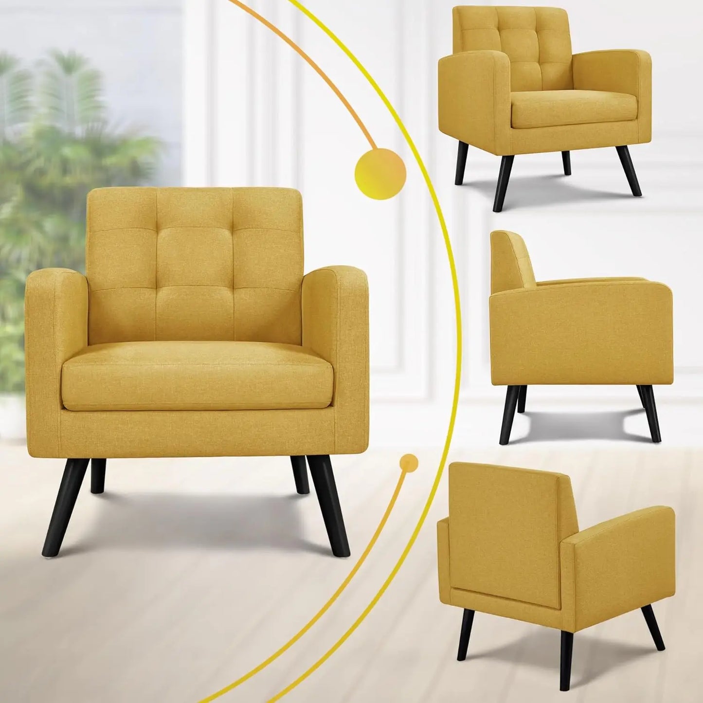 Mid-Century Accent Chairs, Modern Upholstered Living Room Chair, Cozy Armchair Button Tufted Back and Wood Legs for, Customized