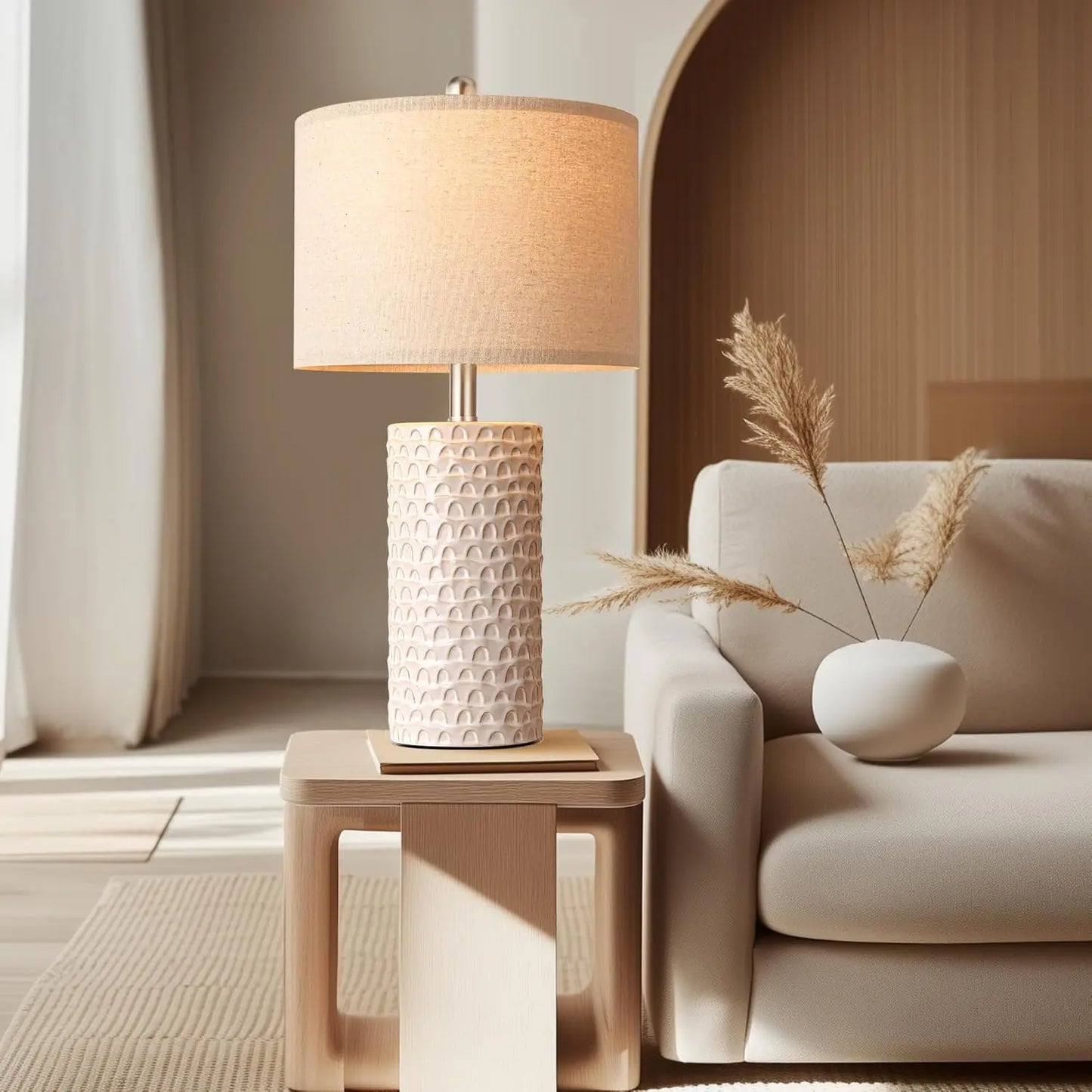 Modern Ceramic Table Lamp Set of 2, Rustic Farmhouse Bedside Lamps for Living Room and Bedroom Decor in White Beige