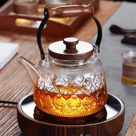 1000ML Embossed Begonia Glass Teapot With Tea Strainer Infuser Flower Puer Kungfu Tea Set Kettle Lifting Beam Tea Pot Teaware