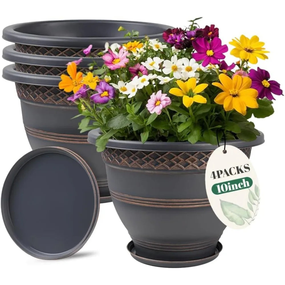 10 Inch 4 Pack Plastic Plant Pots with Drainage Holes and Saucers for Indoor Outdoor Herbs Garden Planters