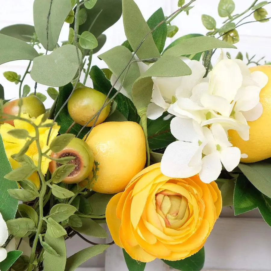 20 inch Artificial Lemon Wreath for Front Door Yellow Peony White Hydrangea Green Leaves Wreath with Big Berries Grapevine Sprin