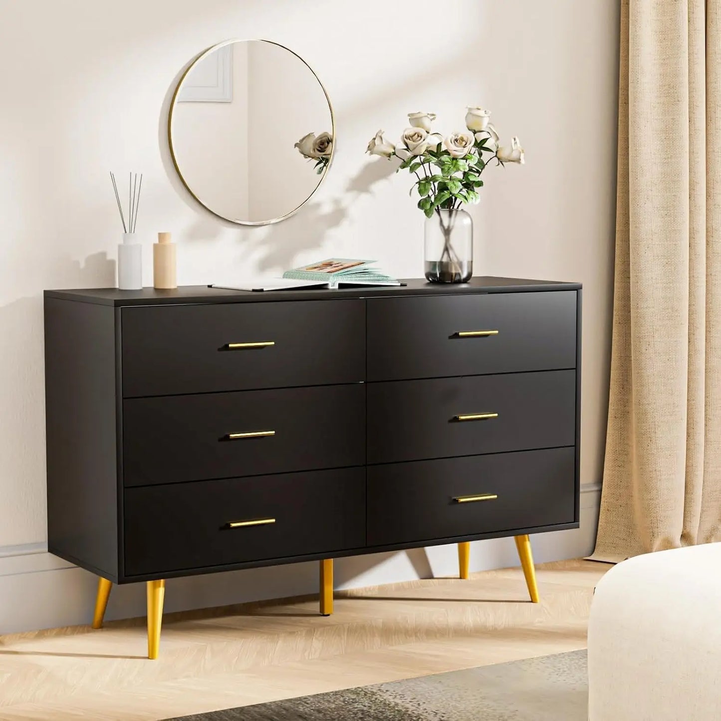 Walnut Brown Dresser for Bedroom, 6 Drawer Dresser with Wide Drawers and Metal Knob, Wood Dressers & Chest of Hallway