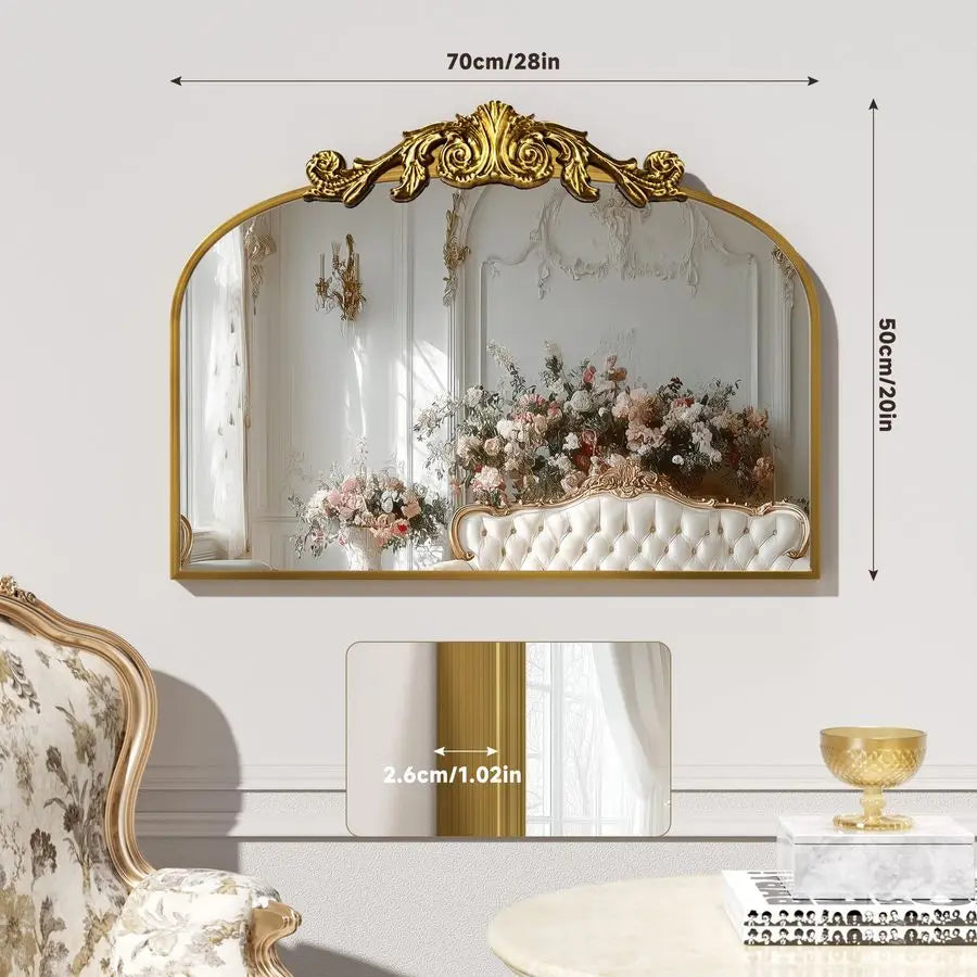 Arched Wall Mirror, 28x 20 Bathroom Vanity Mirror with Carved Pattern Top and Aluminum Frame, Antique Decorative Mirror for Hang