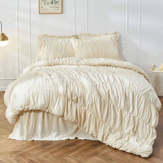 Queen Comforter Set Ruched Comforter Queen Size Bed Set Boho Shabby Chic Bedding for Bedroom Comforter Fluffy 3 Piece Ruffle Com