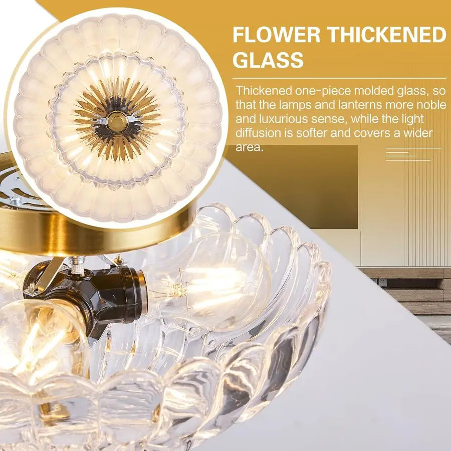 Mid Century Modern Vintage Semi Flush Mount Ceiling Light Fixture,Gold Surface Treatment,Clear Flower Glass,for Hallway Bedroom