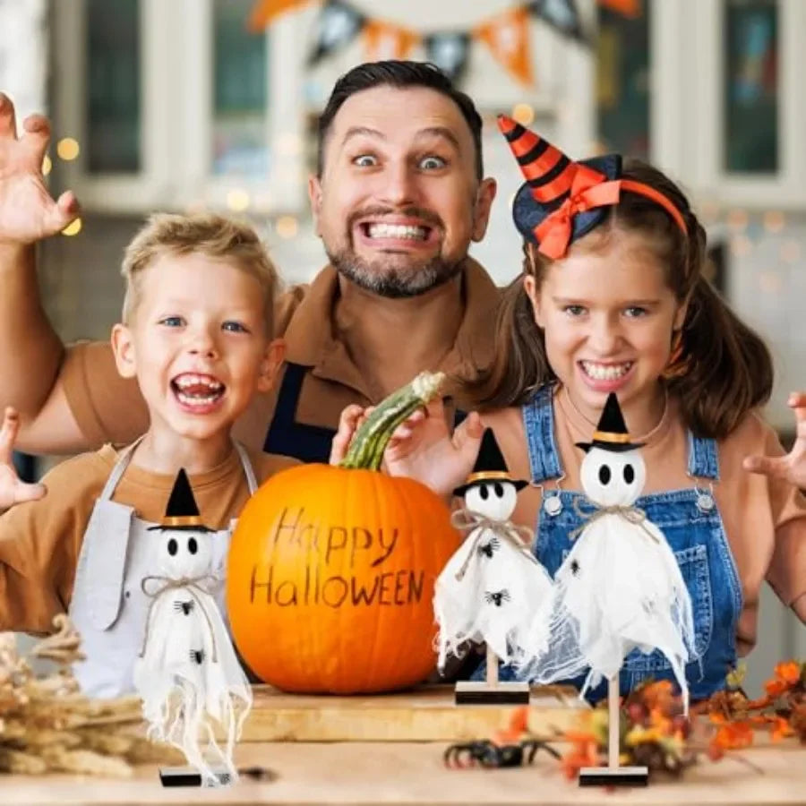 3 Pcs Halloween Witch Ghost Indoor Decorations Halloween Ghost on Wooden Stand Table Centerpieces with Witch Hat Spider for Des