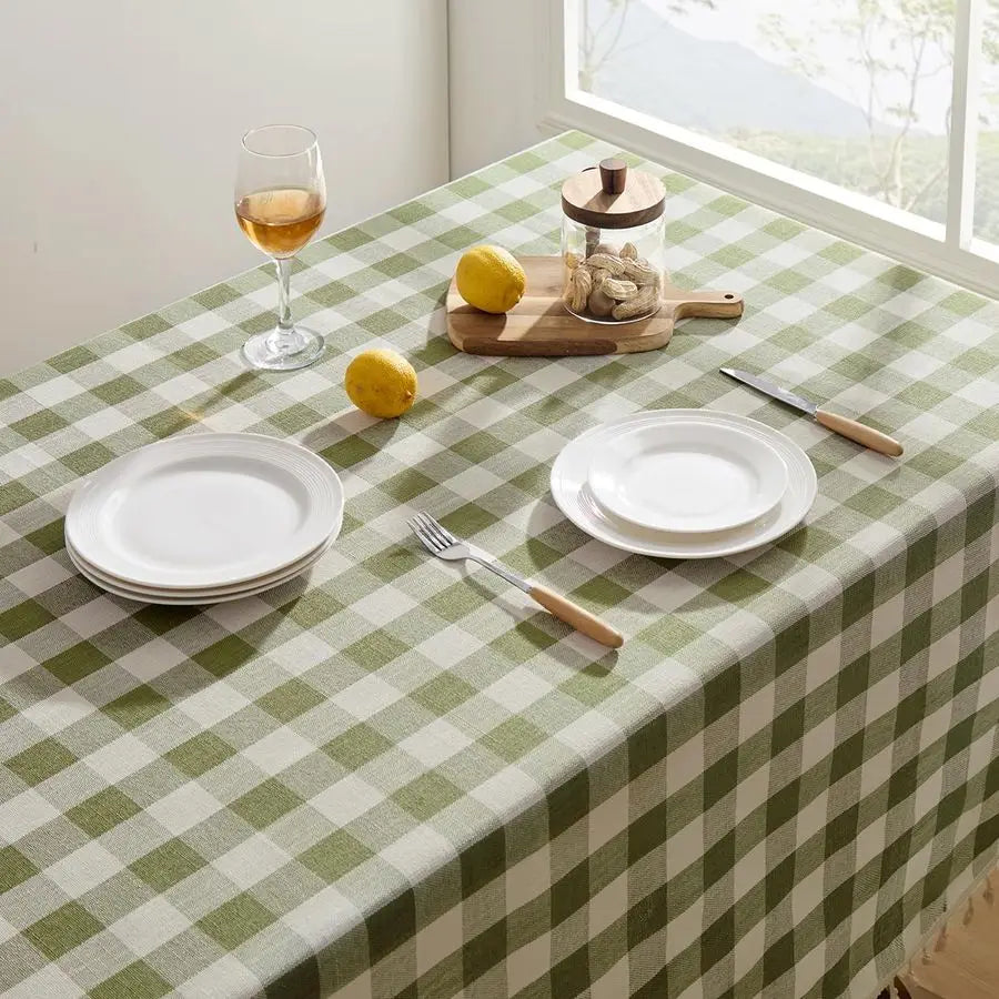 Spring Checkered Tablecloth Rectangle, Outdoor Linen Cotton Gingham Table Cloth with Tassel, Heavy Duty Wrinkle Free Buffalo Pla