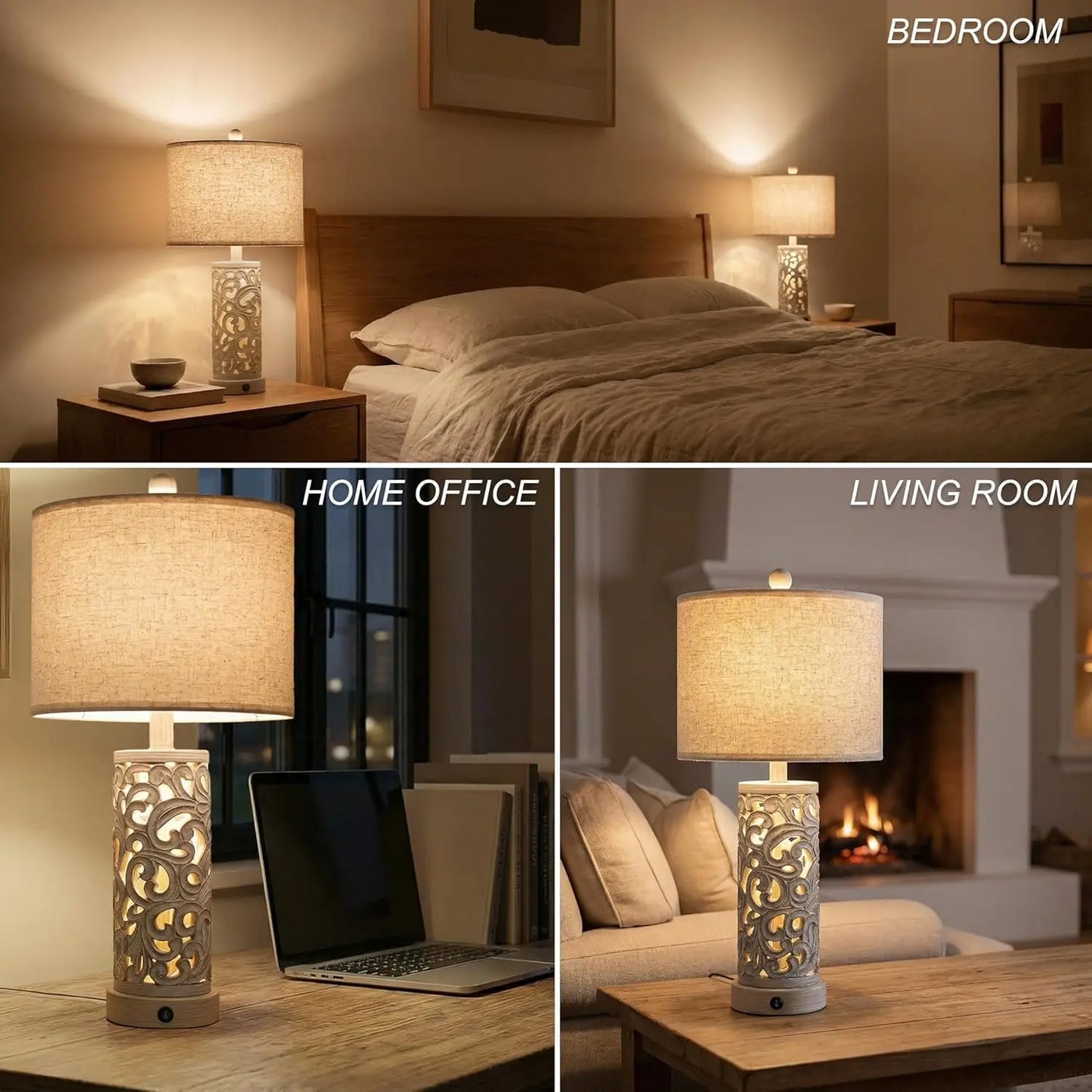 Set of 2 Farmhouse Table Lamps with USB Ports & Night Light, Vintage Style for Bedroom Living Room Home Office