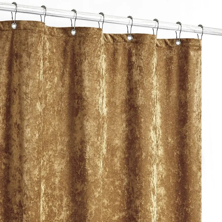 Distressed Velvet Shower Curtain Set, 13 Pieces Caramel Gold Including1 Piece 72x72 Shower Curtain and 12 Pieces Silver Hooks