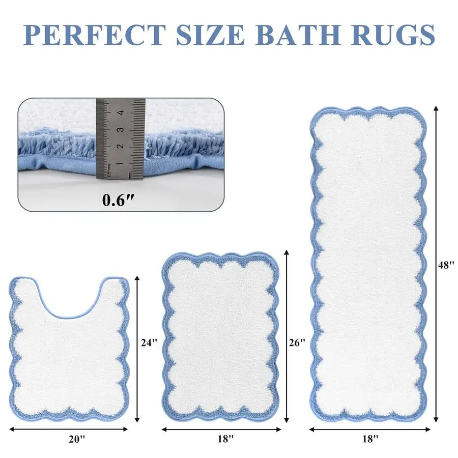 Bathroom Rugs Sets 3 Piece Scalloped Bathroom Shower Rugs with UShaped Contour Toilet Mat Absorbent Microfiber Plush Bath Mats N