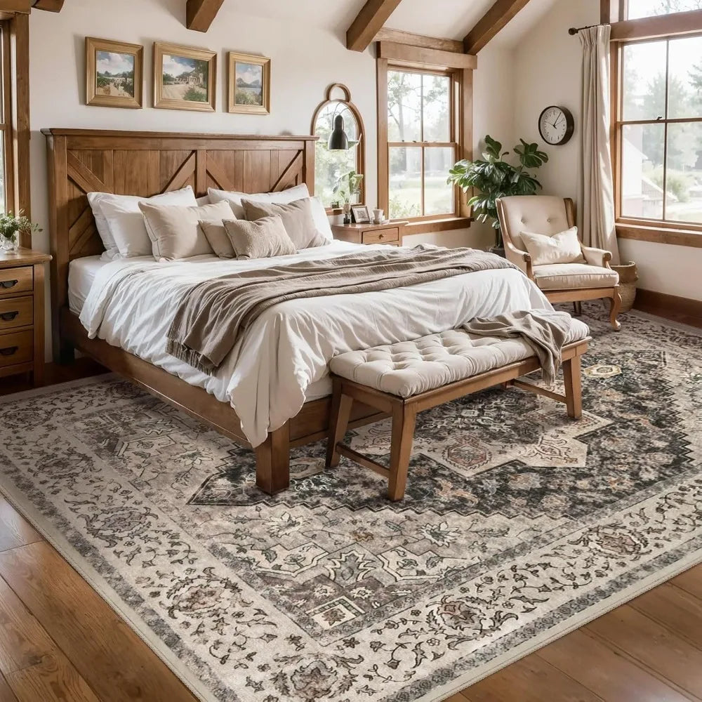 Vintage 8x10 Large Area Rugs for Living Room, Washable Indoor Non-Slip Rugs with Distressed Brown/Grey Print Design