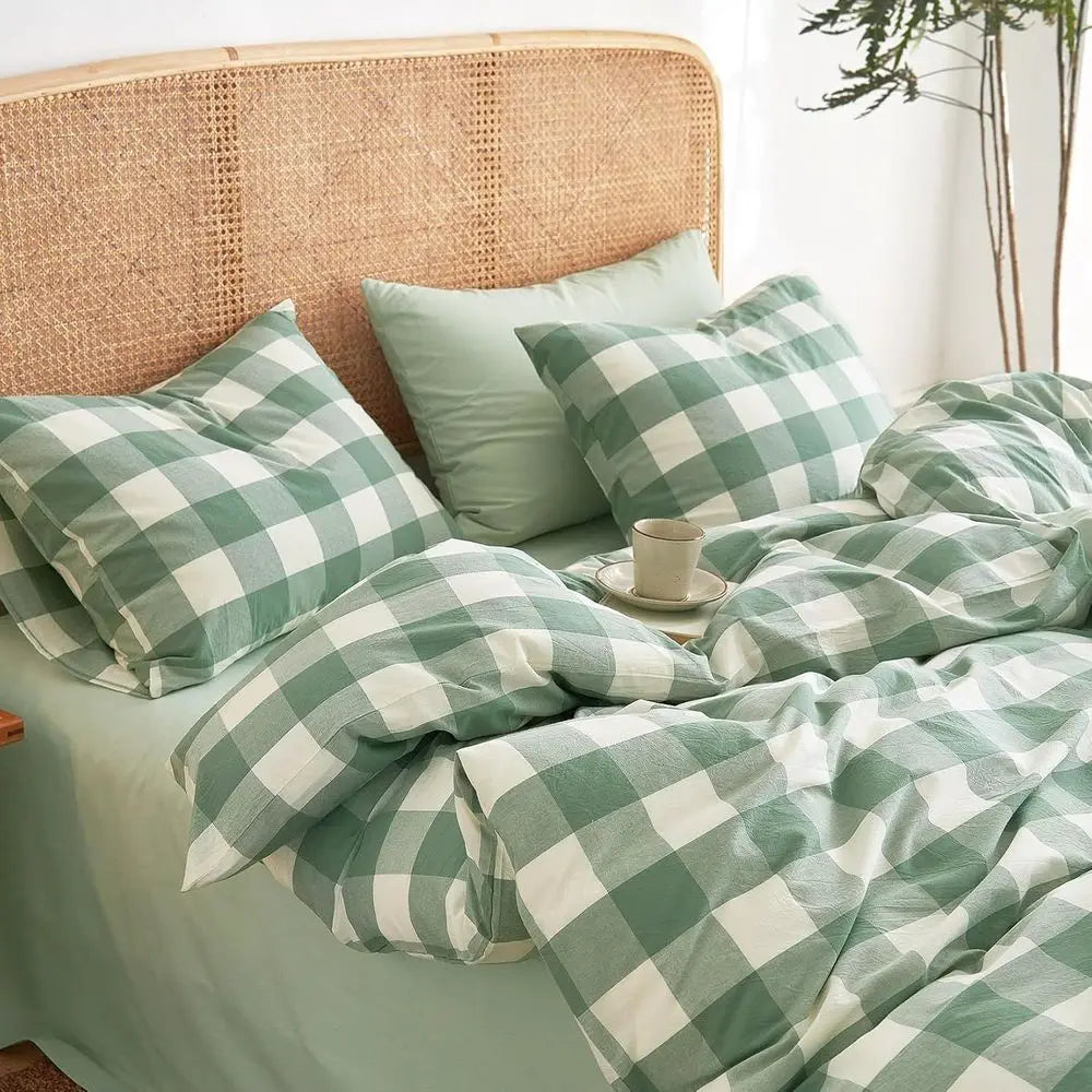 - Gingham Cotton Duvet Cover Set, Plaid BuCheck Checkered armhouse, 100% Washed Cotton Textured Percale Bedding Set, 3 Pieces, G