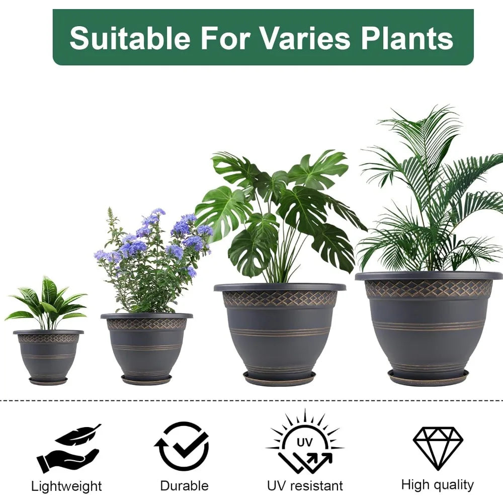 10 Inch 4 Pack Plastic Plant Pots with Drainage Holes and Saucers for Indoor Outdoor Herbs Garden Planters