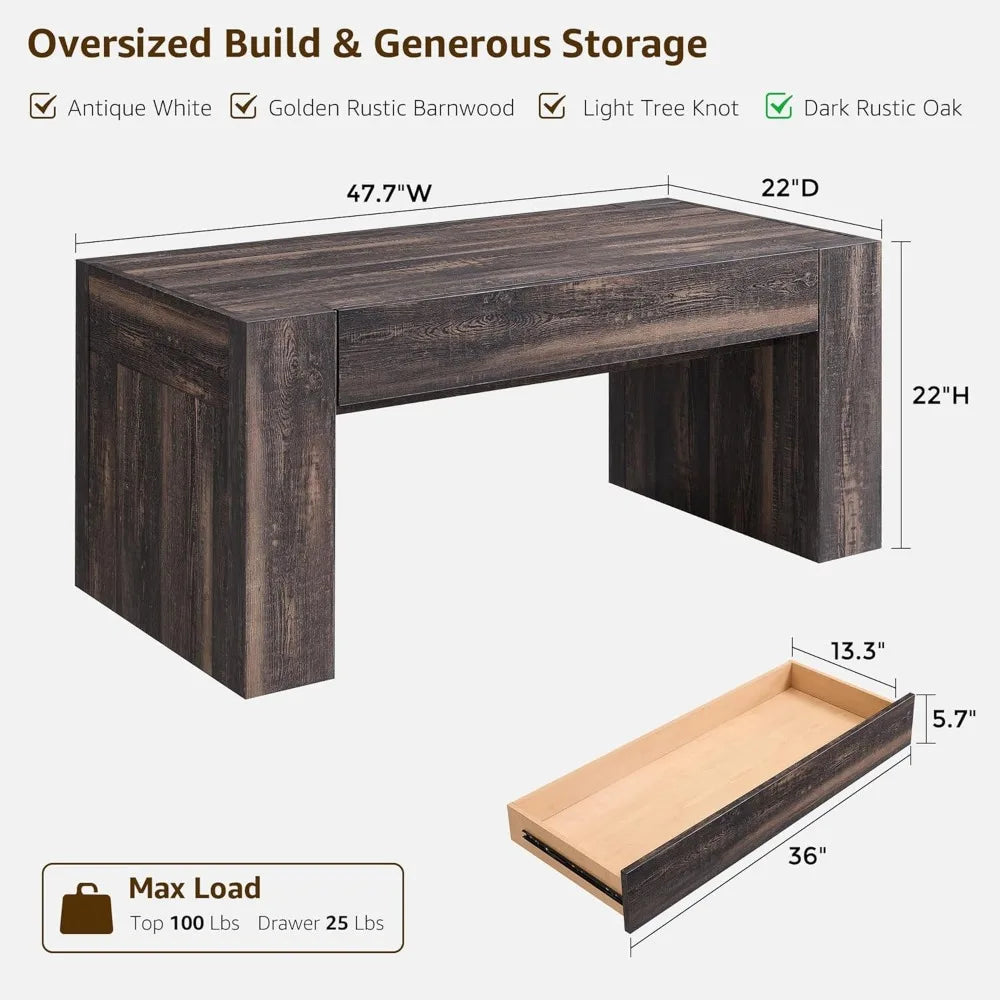48 Modern Farmhouse Coffee Table, Wooden Living Room Table with Hidden Storage Drawer, Rustic Rectangular Center Tables w/Wo