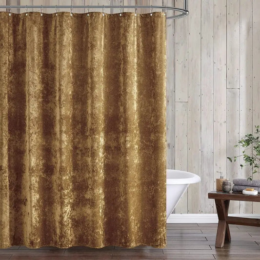 Distressed Velvet Shower Curtain Set, 13 Pieces Caramel Gold Including1 Piece 72x72 Shower Curtain and 12 Pieces Silver Hooks