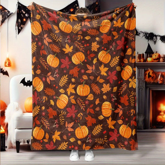 1pc Autumn Pumpkin Leaf Theme Comfortable Flannel Blanket - Soft, Lightweight & Warm Couch Throw, Couple's Blanket