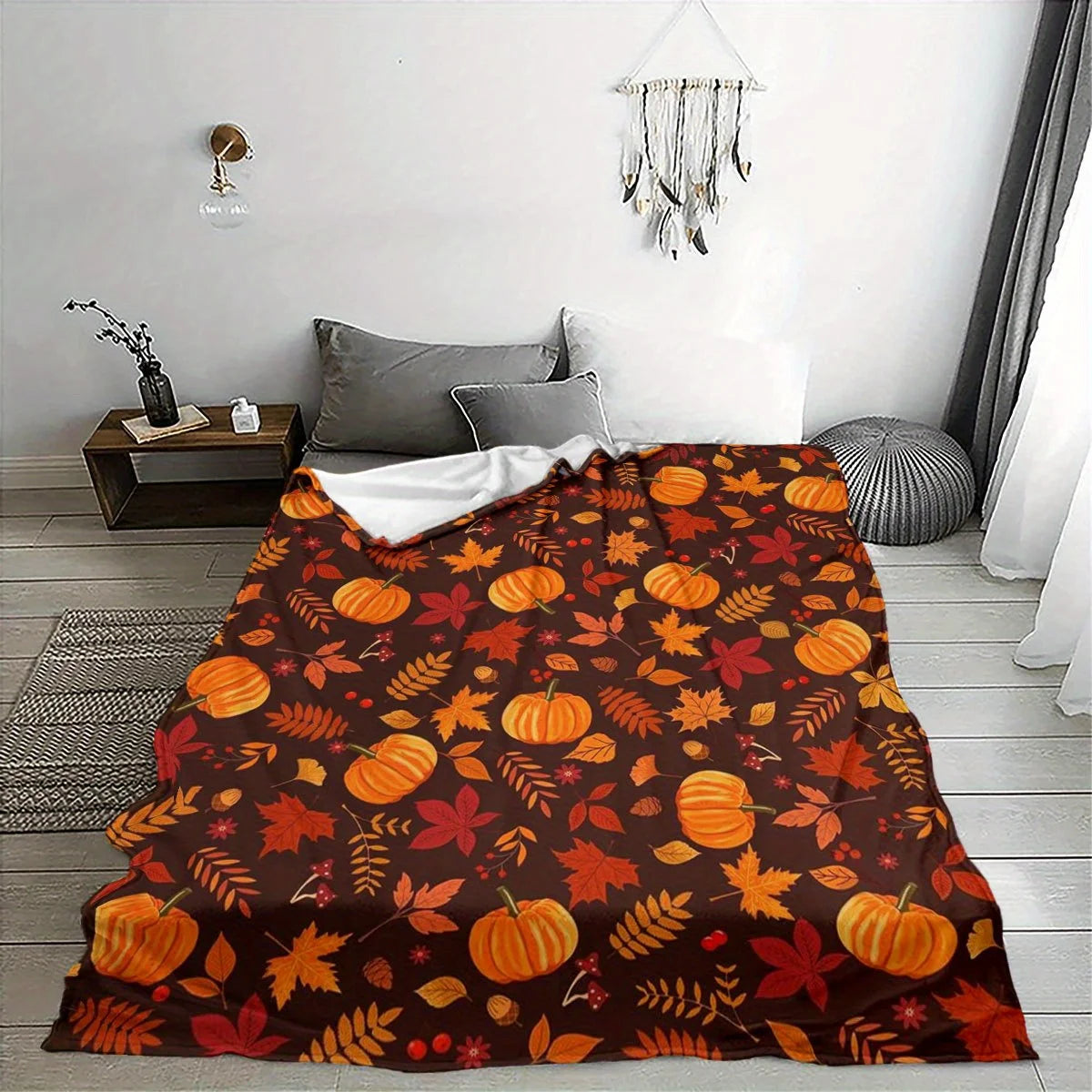 1pc Autumn Pumpkin Leaf Theme Comfortable Flannel Blanket - Soft, Lightweight & Warm Couch Throw, Couple's Blanket