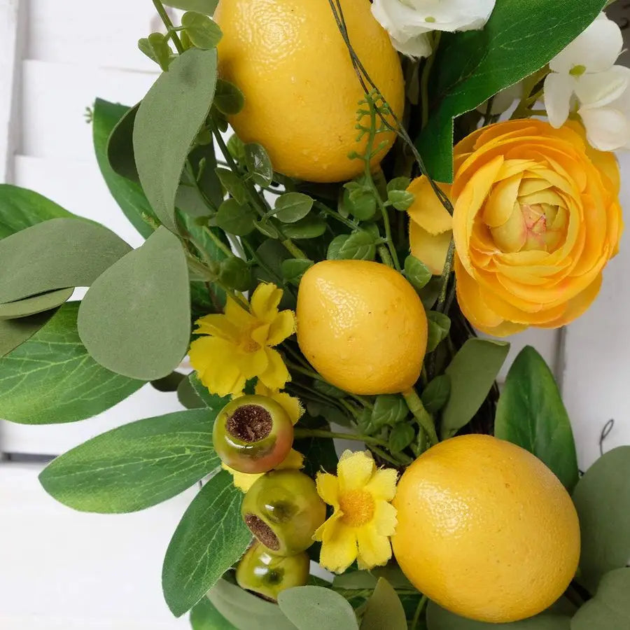 20 inch Artificial Lemon Wreath for Front Door Yellow Peony White Hydrangea Green Leaves Wreath with Big Berries Grapevine Sprin