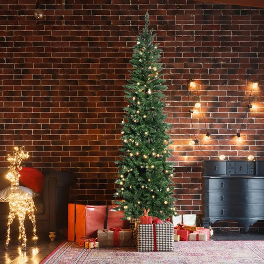 6.5Ft PVC Artificial Pencil Green Branches Xmas Christmas Tree with Lights
