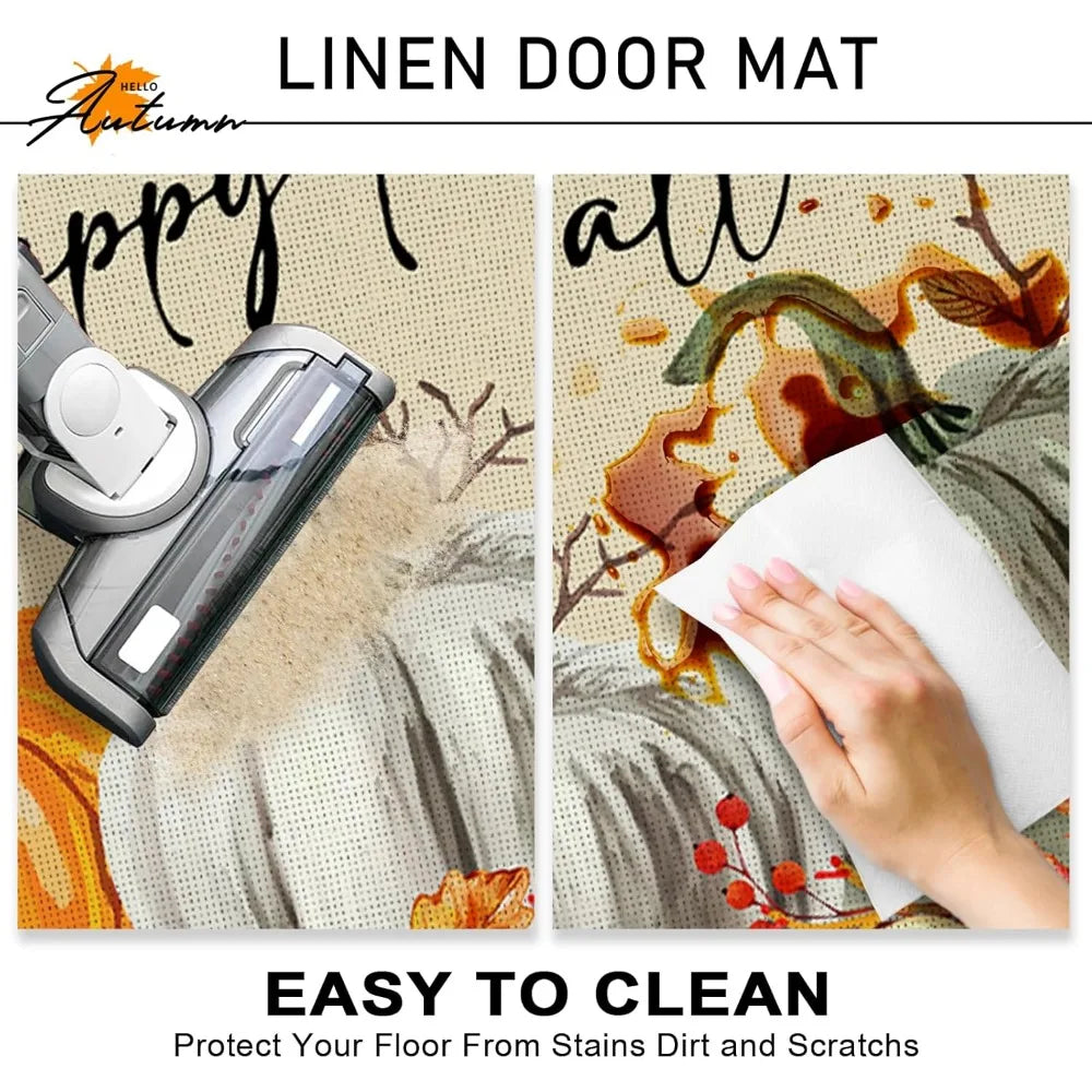 happy fall pumpkin decorative front door mat, autumn maple leaves welcome doormat indoor outdoor non-slip floor entryway rug, th